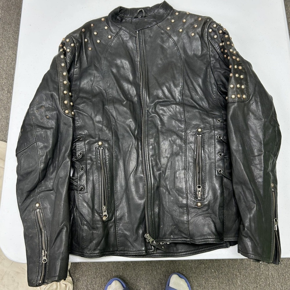 High Mileage Leather Jacket Womens M Black Studded Side Lace Moto Biker
